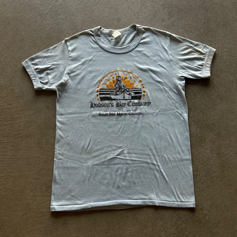 Vintage 70s Hudsons Bay Company Shirt Size XL Blue Ringer Sault Ste Marie Canada